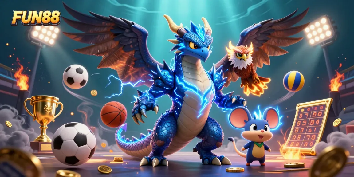 Bet on FUN88 with a dynamic 3D illustration of thunder dragon and sports elements, showcasing your winning edge.