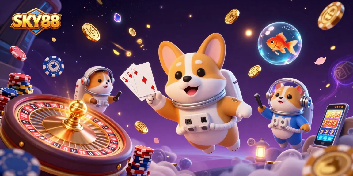 Experience the thrill of SKY88 in this vibrant casino space illustration, showcasing gaming excitement.