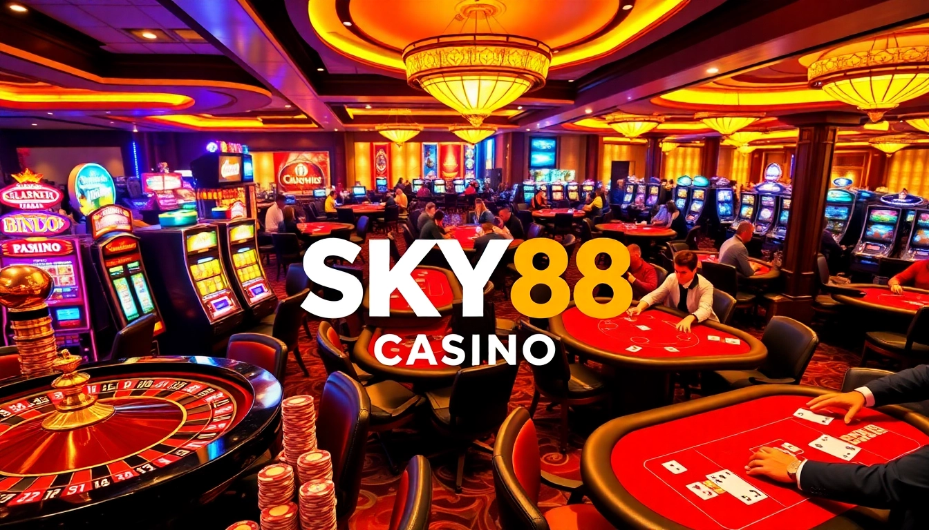 Experience thrilling gameplay at SKY88 Casino with roulette, slot machines, and poker excitement.