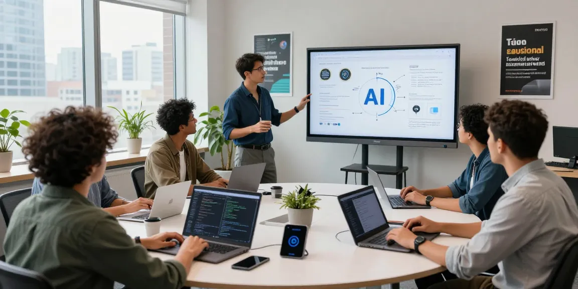 Team collaborating to build internal tools with AI in a bright modern office.