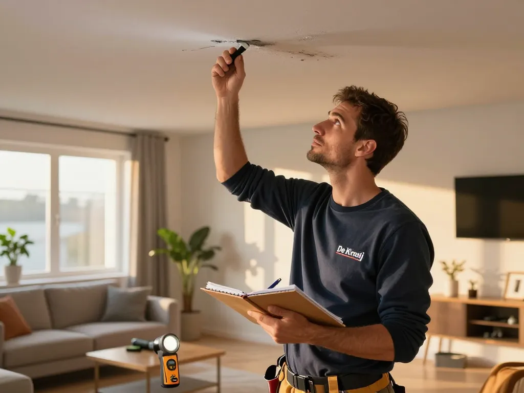 De Kraaij dakdekker inspecteert een plafond op lekkages in een gezellige woonkamer.