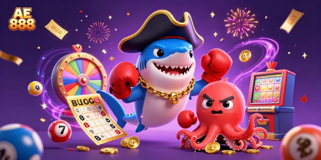 Experience the thrill of AE 888 as a colorful 3D pirate shark and friends celebrate winning with lottery elements and rich visuals.