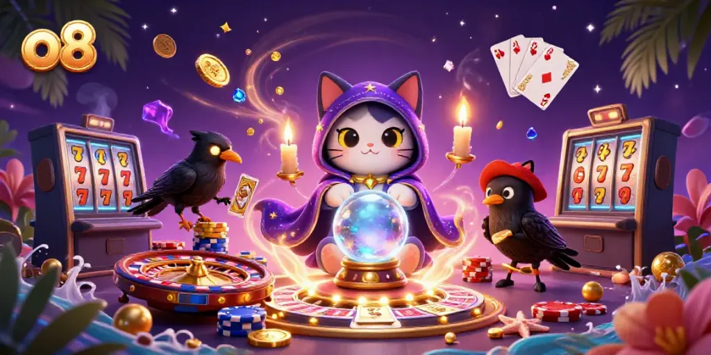 Experience the magic of o8 casino with a cartoon scene of fortune teller cat and raven amidst dazzling game elements.
