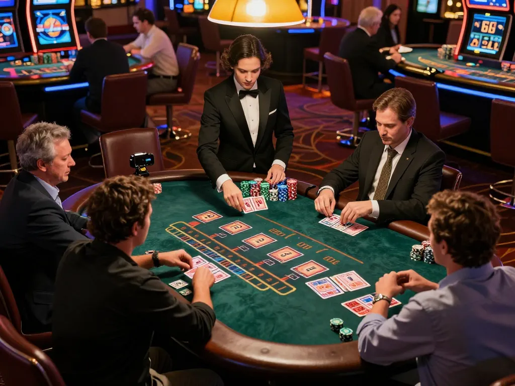 Players engaging in a thrilling blackjack game at a Las Vegas casino featuring XX88 chips and vibrant atmosphere.