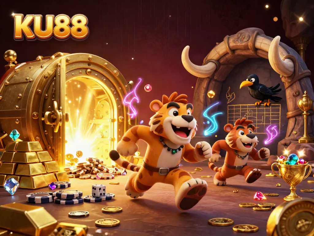 KU88 offers a vibrant casino scene where caveman characters enjoy 3D gaming excitement.
