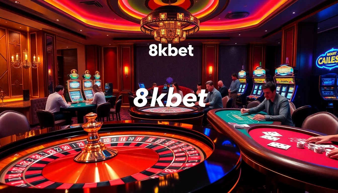 Engaged players at an 8kbet casino scene featuring roulette, poker chips, and a vibrant atmosphere.