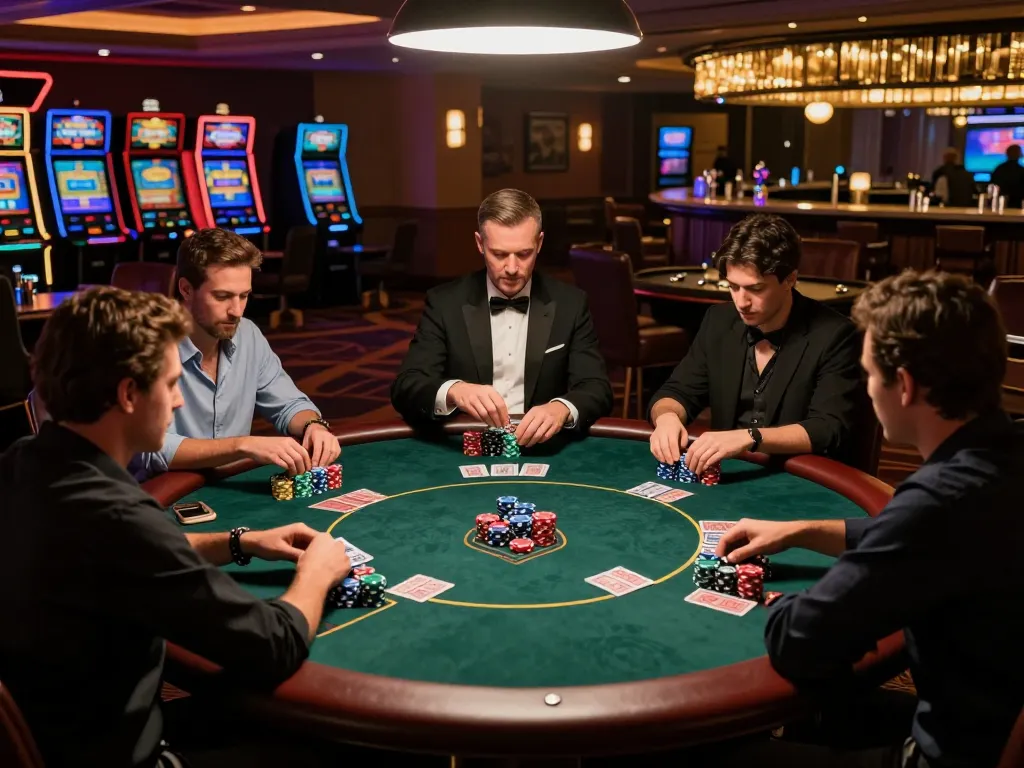 Players at a 789winn poker table engaging in a high-stakes game, showcasing vibrant chips and cards in play.