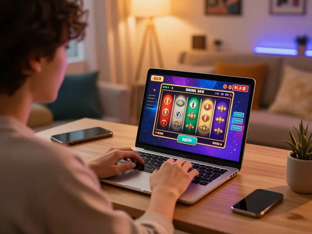 Person engaging with ALO8 online casino on laptop, showcasing exciting slot machine gameplay.