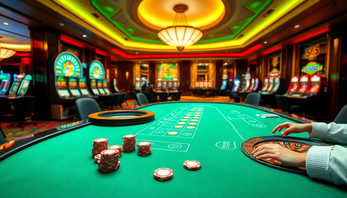 Players engaging in a thrilling card game at nhà cái uu88 casino with vibrant tables and stunning decor.
