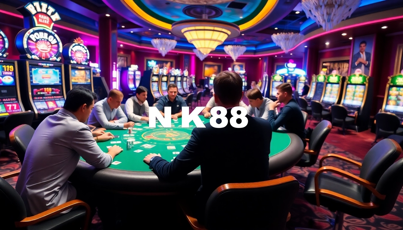 Exciting casino scene with poker players and vibrant elements showcasing NK88 gaming.