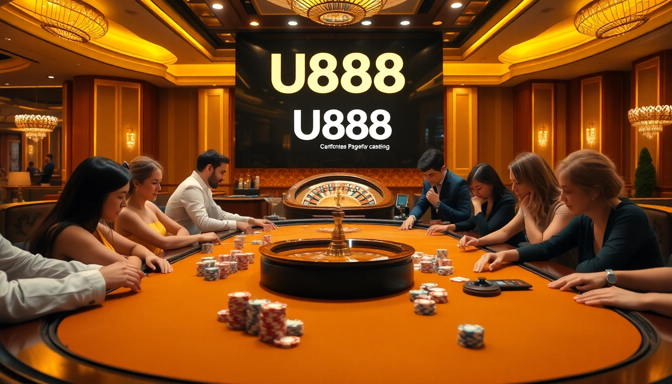 U888 gaming table with poker chips and playing cards, showcasing an exciting casino atmosphere.