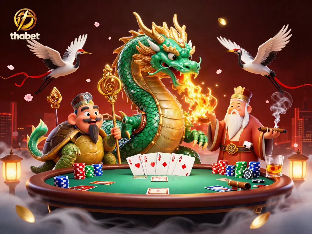 Experience the thrill of thabet with an epic scene featuring legendary creatures and poker action.