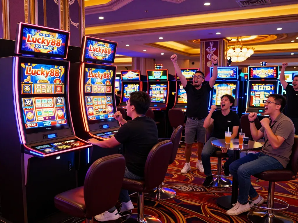 Excited players celebrating wins at the Lucky88 slot machine in a vibrant casino environment.