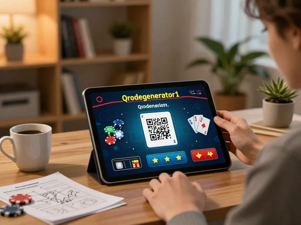 Player using qrcodegenerator1 app on tablet in a cozy home office with gaming interface visible.