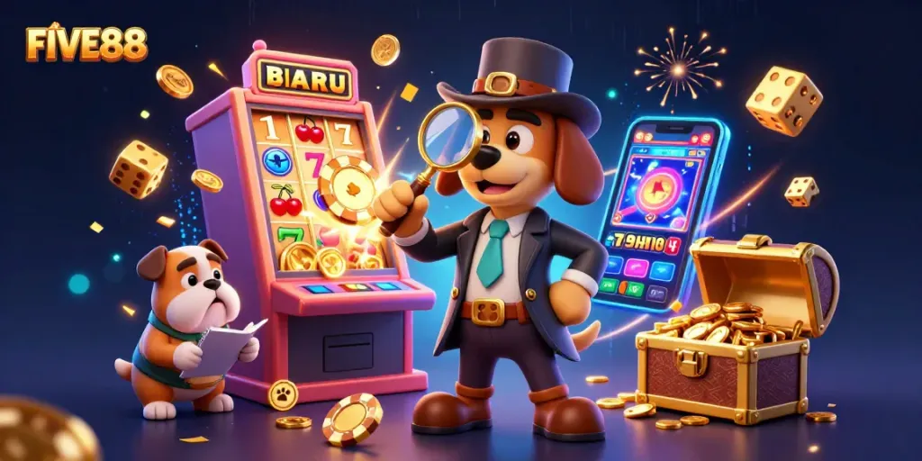 Engage with FIVE88 to win big, featuring a detective duo uncovering a jackpot in a vibrant casino scene.