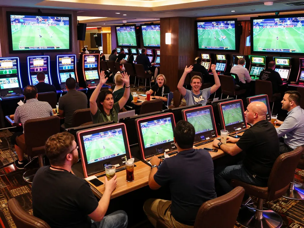 KONG 88 sports fans actively placing bets in an upscale casino sports lounge atmosphere.