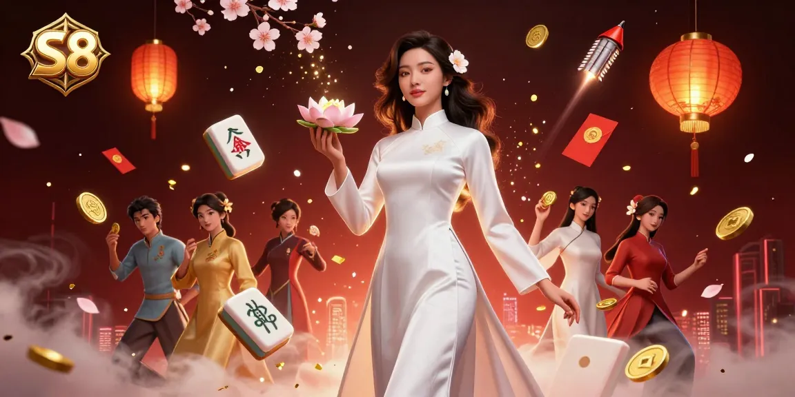 S8 announces festive gaming with golden coins and cherry blossoms celebrating victories.
