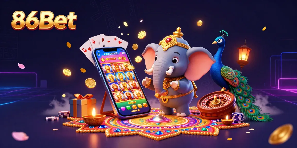 Play vibrant and engaging games with 86Bet's colorful 3D casino illustration showcasing an elephant and peacock.