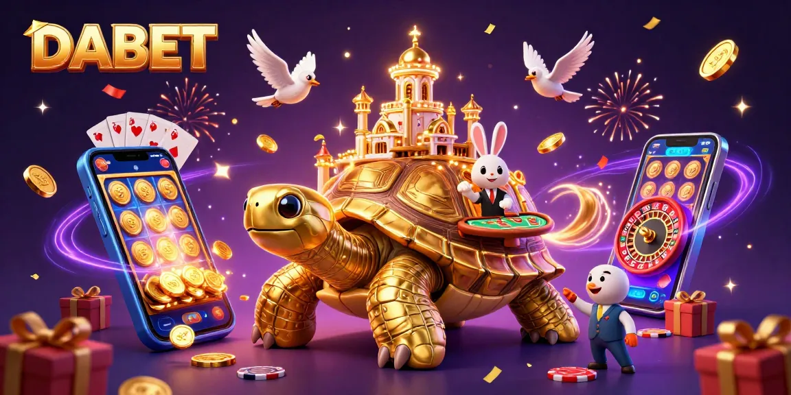 DABET offers thrilling betting experiences with a golden tortoise casino, vibrant slot games, and interactive card tables.