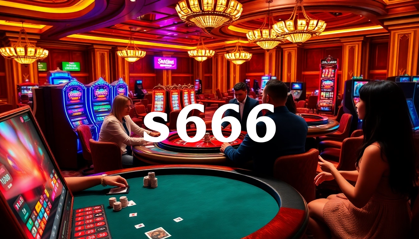 Players enjoying a luxurious casino experience with s666, featuring poker and roulette tables.