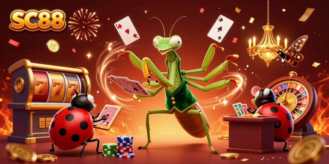 SC88 showcases a lively casino scene with a vibrant praying mantis dealer handling cards and excitement surrounding jackpot elements.