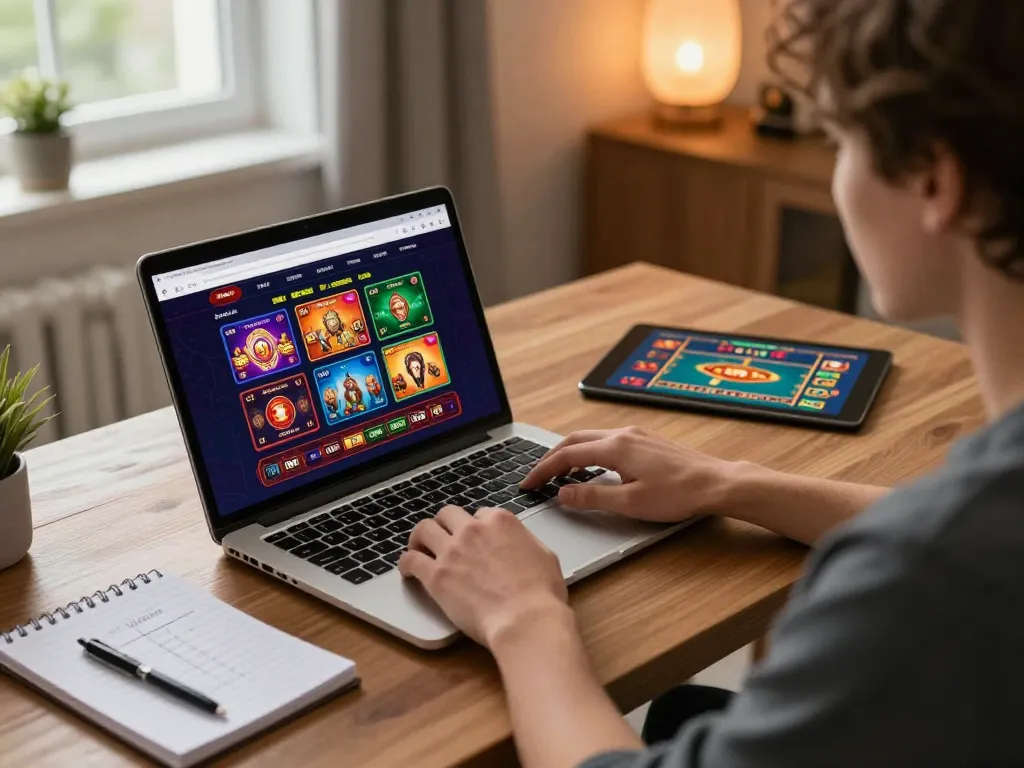 Player engaging with online casino games at home with 98win9 on screen.