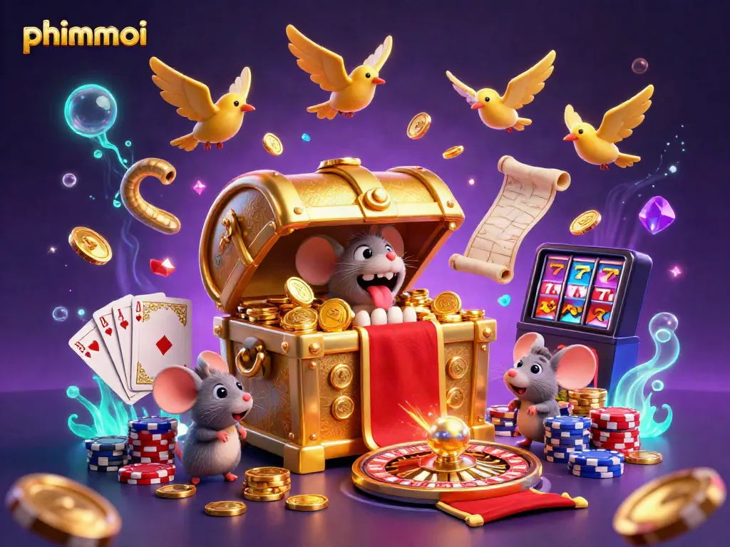 Engage with phimmoi's thrilling casino adventure, featuring a treasure chest lure surrounded by glittering elements.