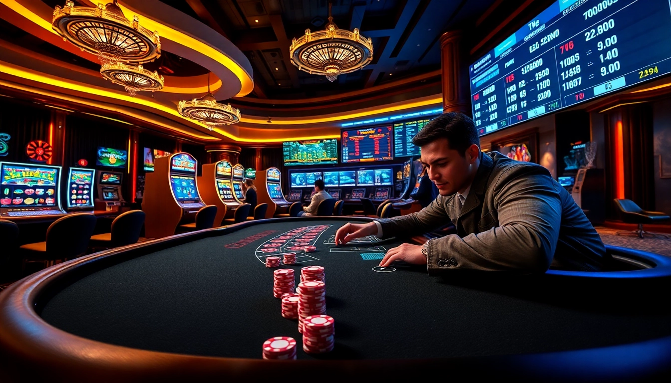 Engaging scene of 777X nhà cái with casino tables, slot machines, and players enjoying high-stakes gambling.