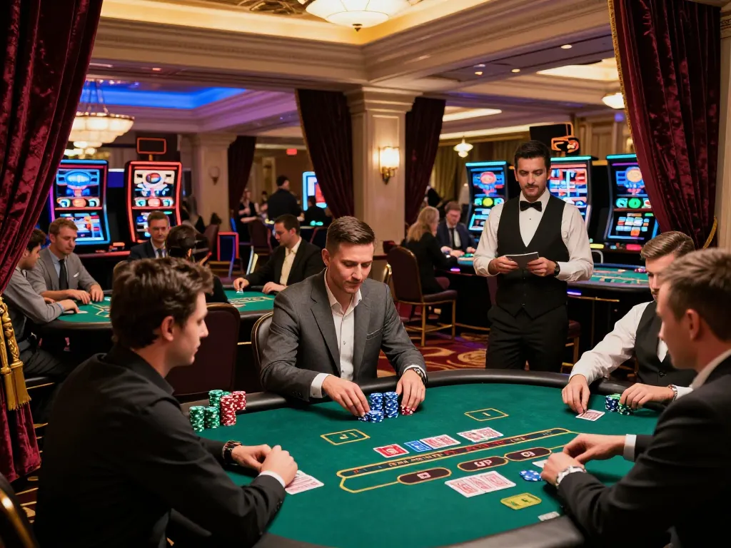 Experience dynamic gameplay at fc88's luxury casino, with players engaging in strategic blackjack action amidst a vibrant atmosphere.