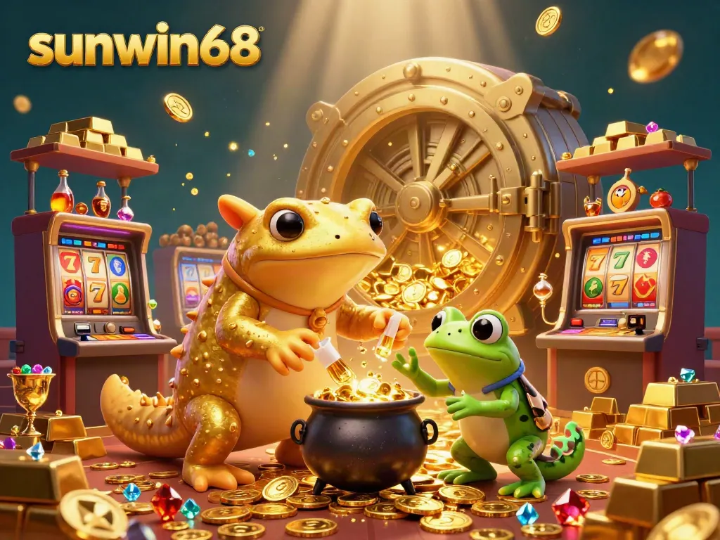 Experience the magic of sunwin68 with golden coins and vibrant slot machines in a lively casino scene.