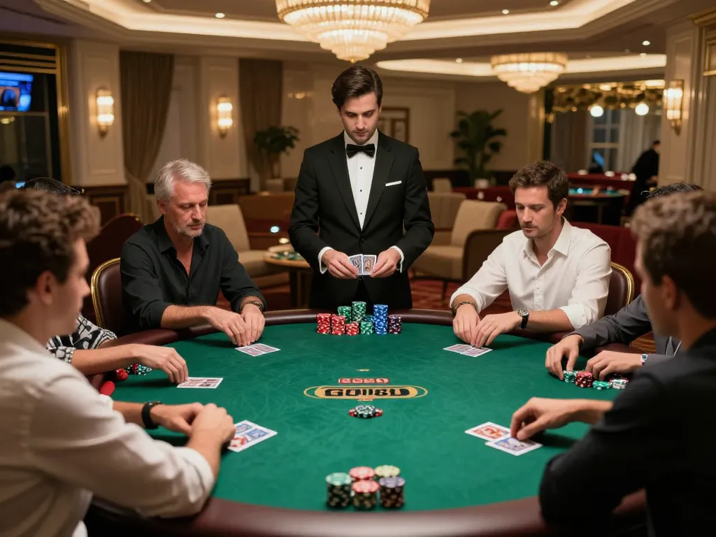 Players strategizing during an intense GEM88 poker game with vivid green felt and stacked chips