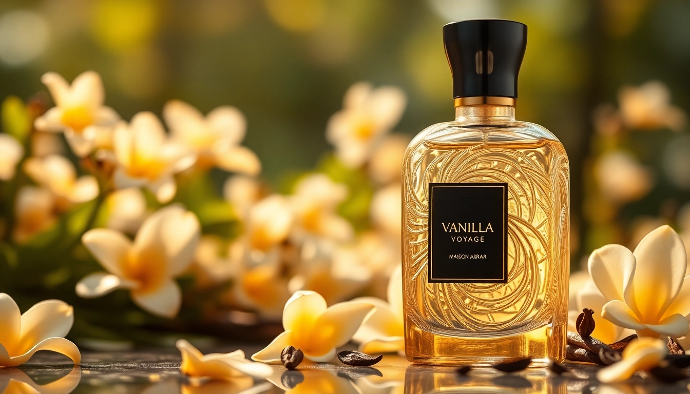 Proef de geur van Vanilla Voyage by Maison Asrar met een luxe parfumfles omringd door vanillebloemen.
