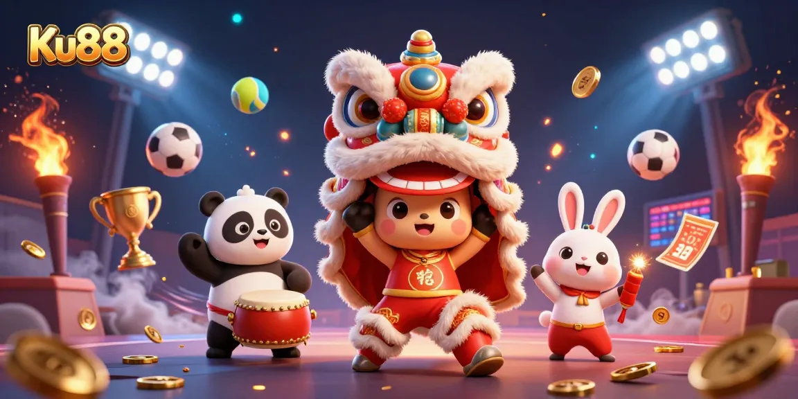 Engage in exciting gameplay at Ku88, featuring charming characters in a vibrant Chinese New Year scene.