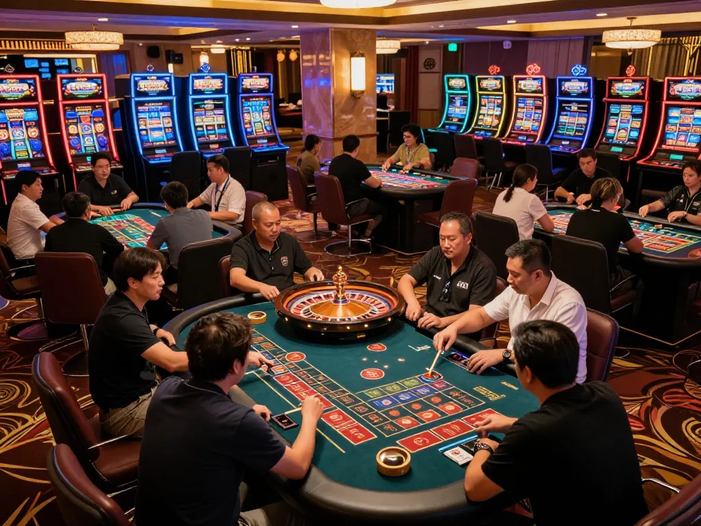 Players enjoying vibrant gameplay at TG88's casino floor, surrounded by roulette and slot machines