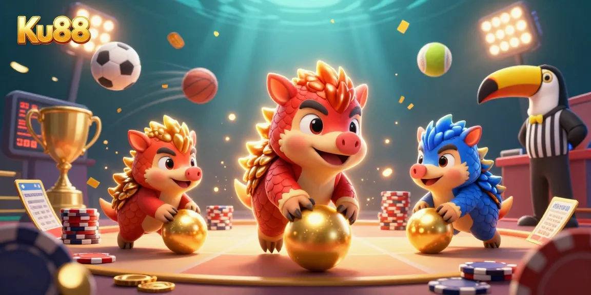 Experience thrilling Ku88 action with rival pangolins in a vibrant casino scene.