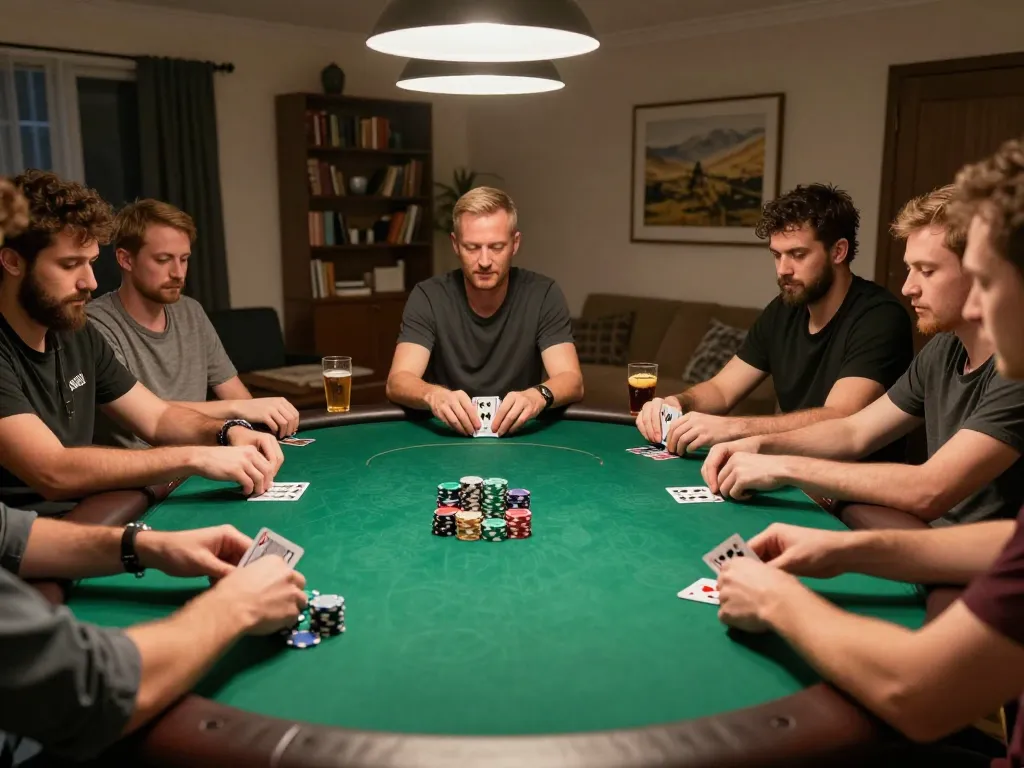 Players strategizing during a high-stakes poker game at 13win.com home casino setup.