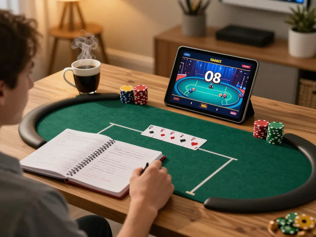 Player enjoys poker on O8 from cozy home setup, surrounded by strategy notes and drink.
