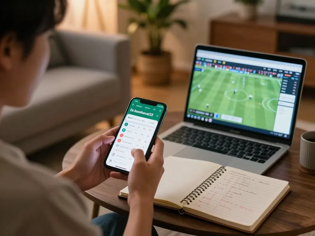 Engaged user analyzing live odds on keonhacai22 sports betting app in a cozy living room.