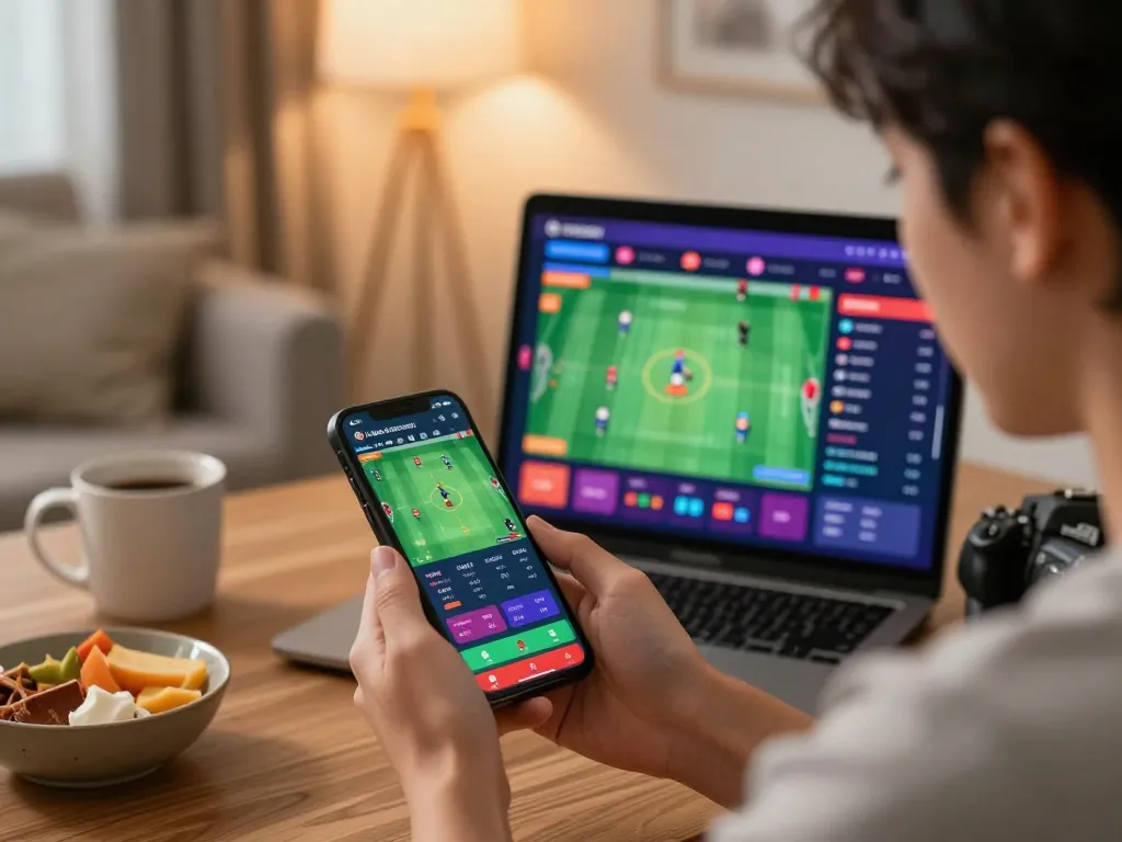 Engaged user placing bets on a live đá gà Fabet match through a smartphone in a modern home setting