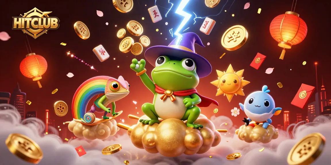 HITCLUB showcases a lively casino scene with a wizard frog and rainbow chameleon amidst golden coins.