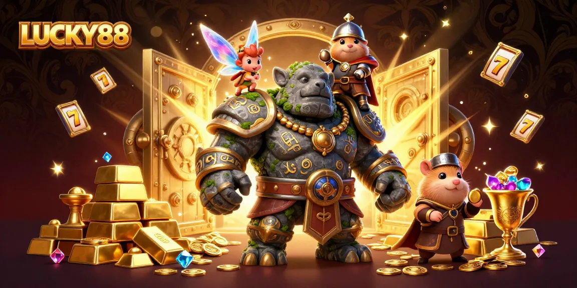 LUCKY88 gaming experience with ancient guardian, fairy, and hamster knight among treasure and slot reels