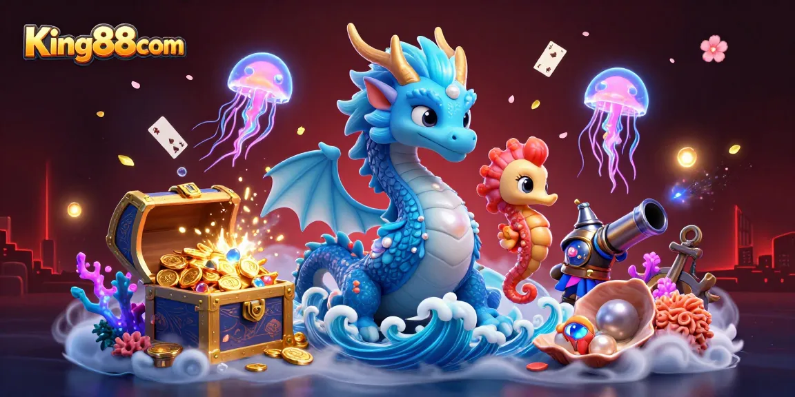 Experience thrilling gameplay with King88com’s vibrant underwater casino scene, featuring a dragon and seahorse surrounded by treasures.