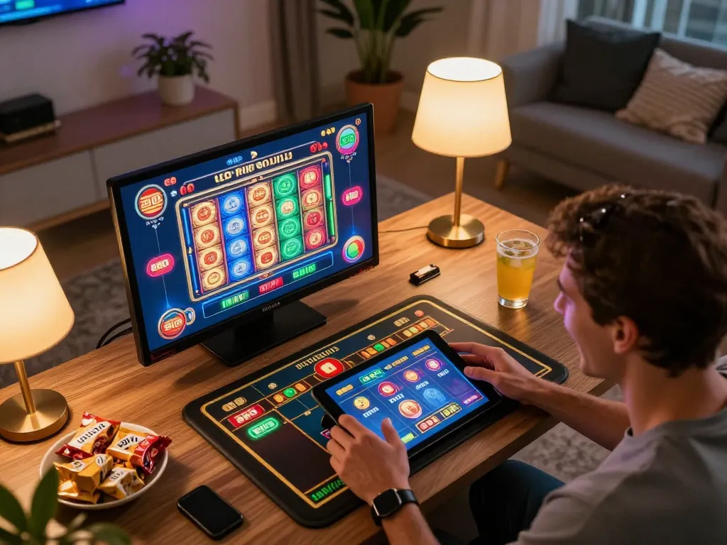 Engaging in online gaming at o8casino with vibrant virtual slots displayed on a tablet.