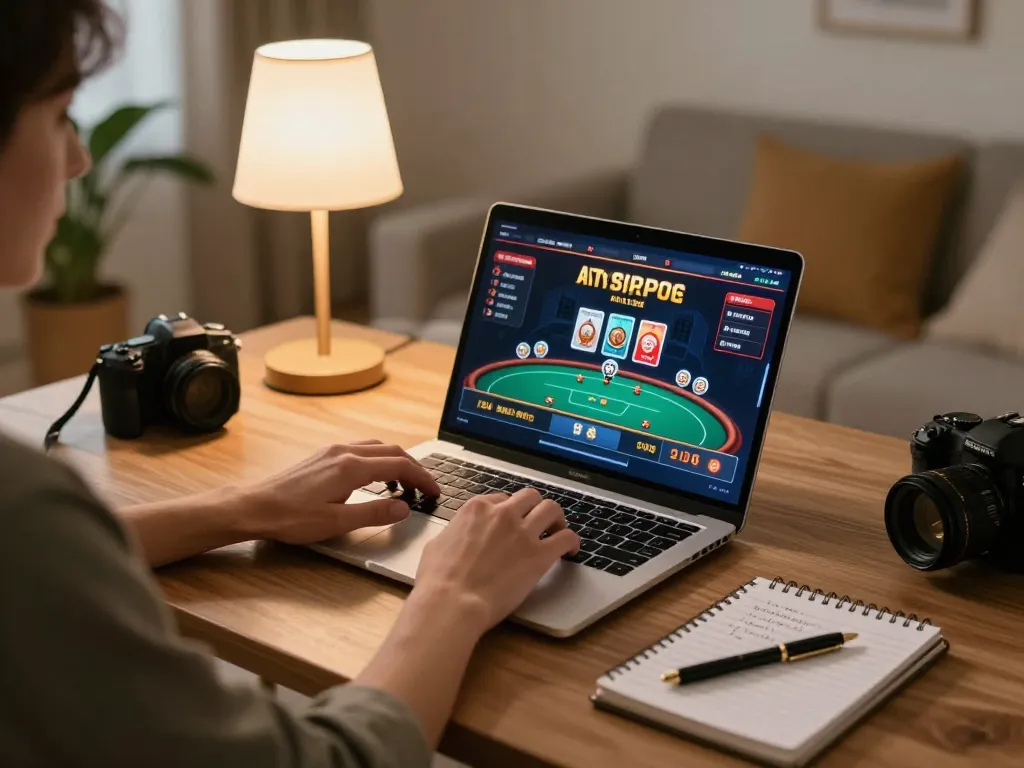 Player engaging with online casino games on laptop in cozy setting, featuring s666hn.