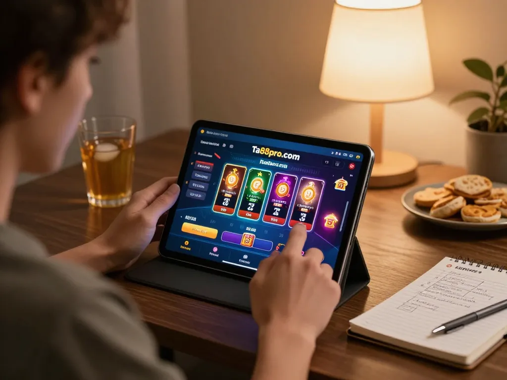 A player enjoys online casino gaming on ta88pro.com, revealing poker and slot graphics in a cozy setting.