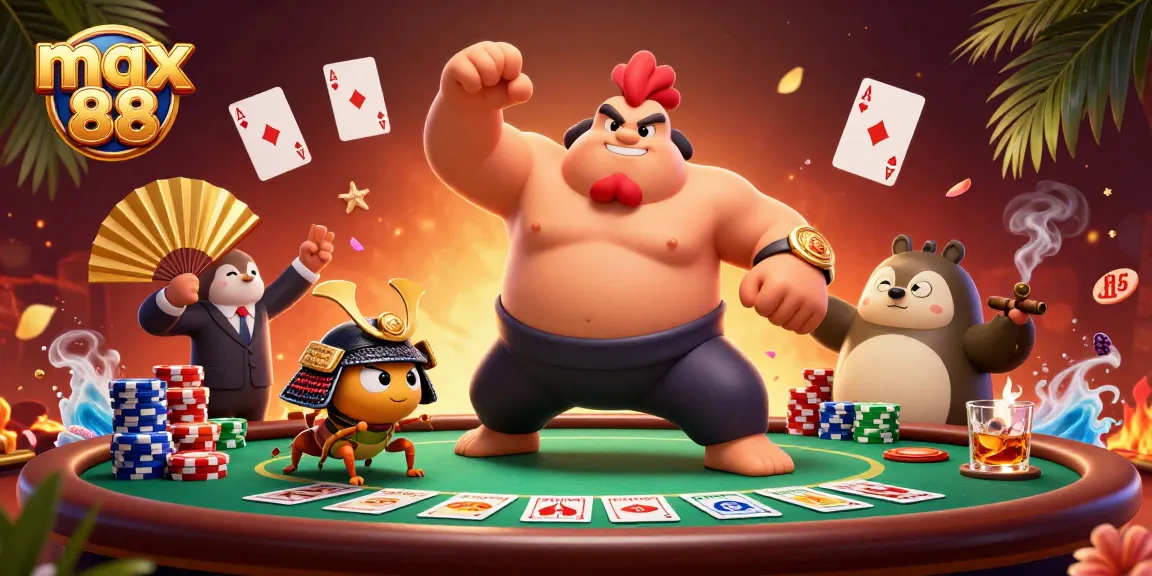 Experience thrilling poker action with max 88 in a vibrant, 3D casino scene featuring dynamic characters and game elements.