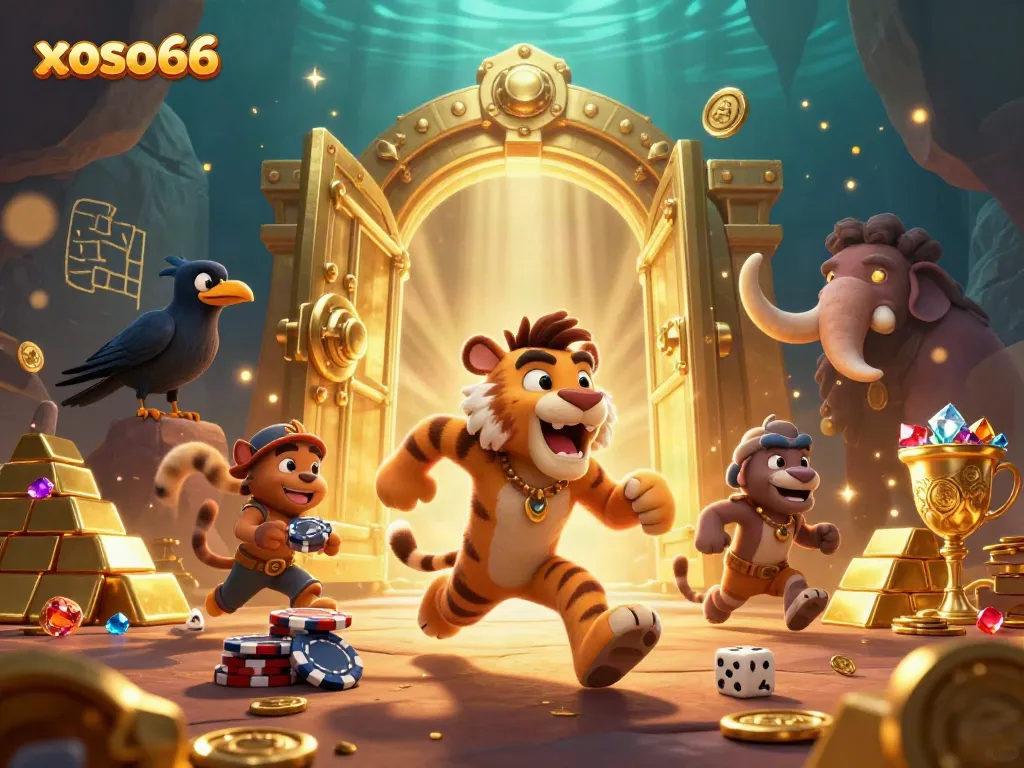 Xoso66 offers immersive casino experiences with vibrant characters and treasure scenes.