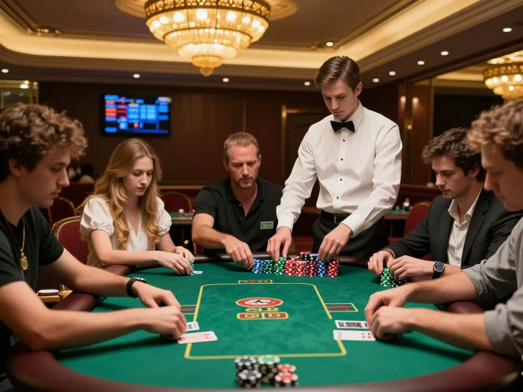 I9BET players intensely engaged in high-stakes poker gameplay, showcasing luxurious casino ambiance.