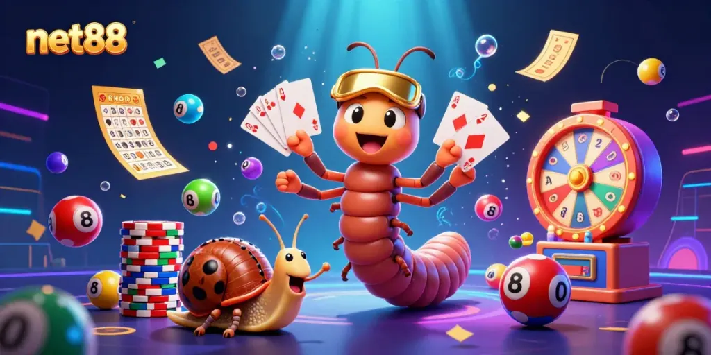 Engage in thrilling gaming at net88 with our colorful lottery-themed illustration featuring an exciting casino atmosphere.