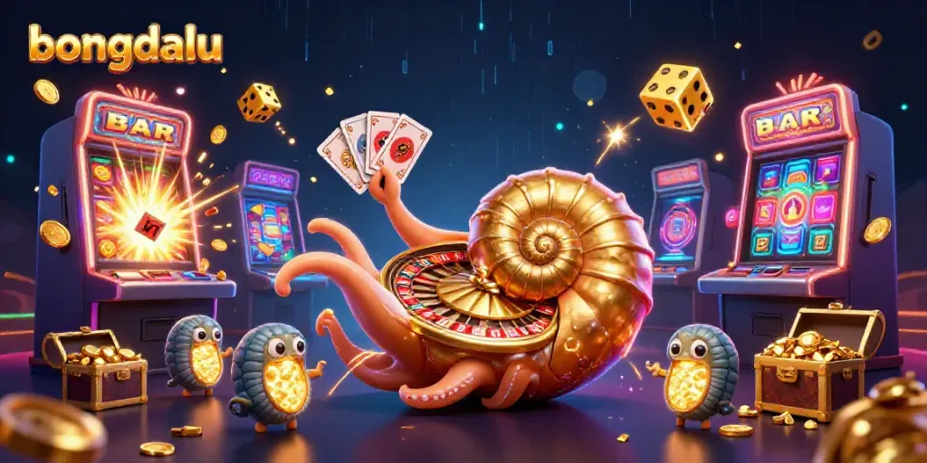 Experience bongdalu's thrilling casino atmosphere with a cartoon nautilus and vibrant slot symbols.